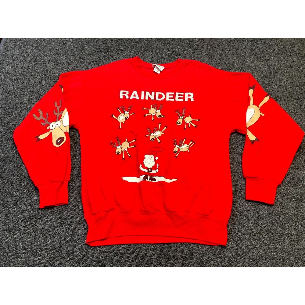 B.J. Frog Christmas Sweater Womens Large Red Graphic Print Raindeer Tight Knit